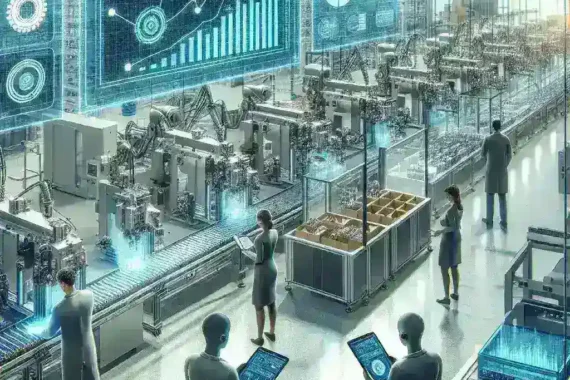 "High-tech AI tools improving manufacturing processes and quality control in a modern factory setting."