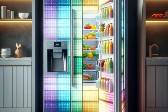 "LG InstaView fridge with MoodUP color-changing panels displayed in a modern kitchen, showcasing its innovative design and vibrant color options."