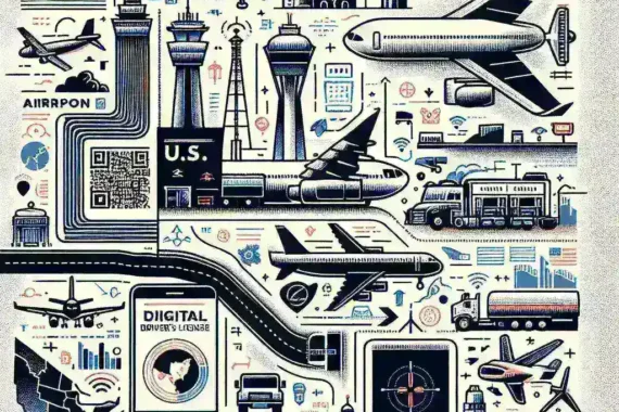 "Digital driver's license pilot program expansion in U.S. states, featuring a smartphone displaying a digital ID, showcasing innovation in airport security and convenience."